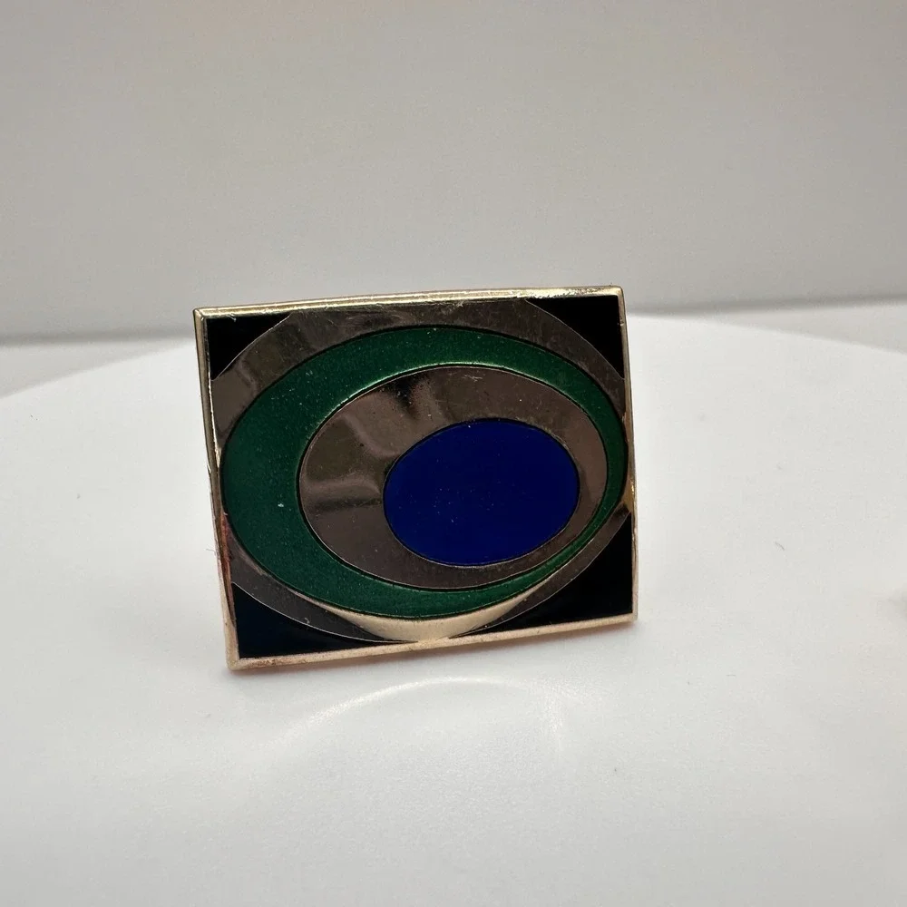 Vintage 80s Gold Tone Cufflinks Blue Green‎ Enamel Peacock Eye Abstract Jewelry